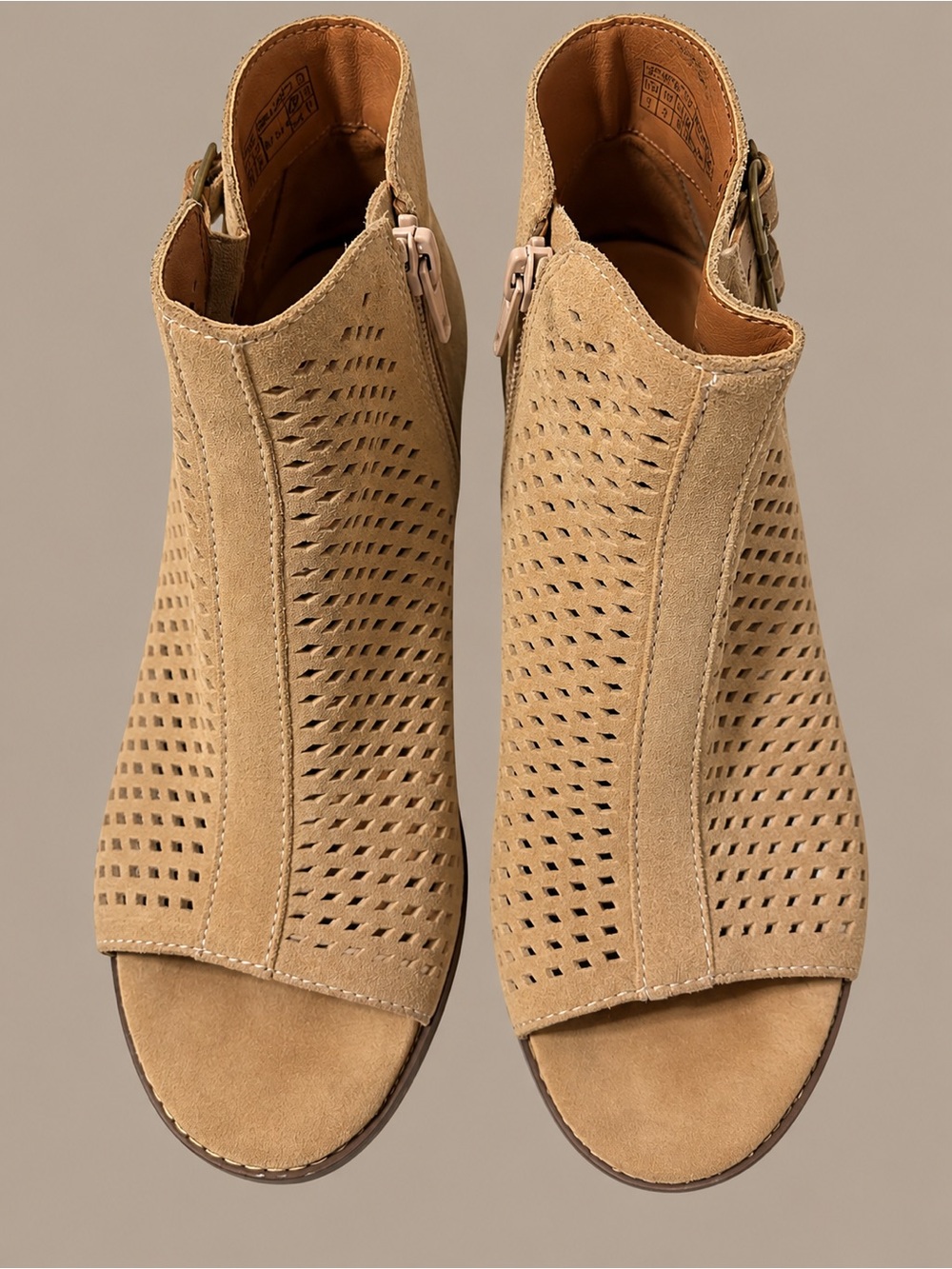 Vionic Tan Suede Perforated Peep-Toe Booties with Side Buckle